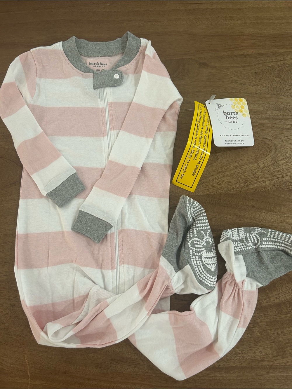 Burt's Bees Baby Pink & Gray Stripe Zip-Front Onesies